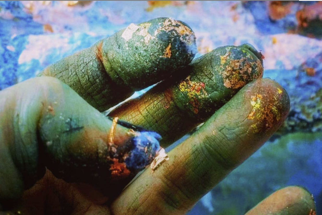 Hands that are dyed green with gold specks on it.